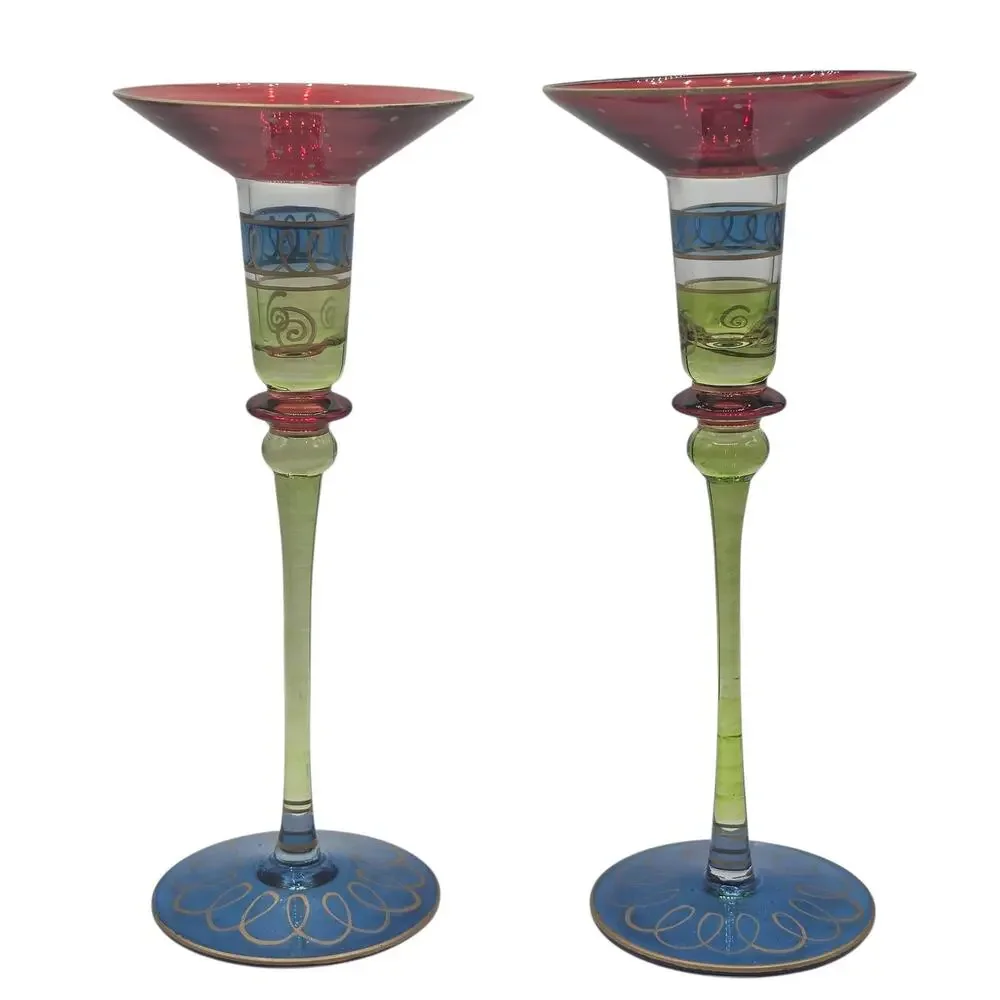 Pier 1 Imports Art Glass Candlestick Hand Painted Red Green Blue Gold Scroll VTG